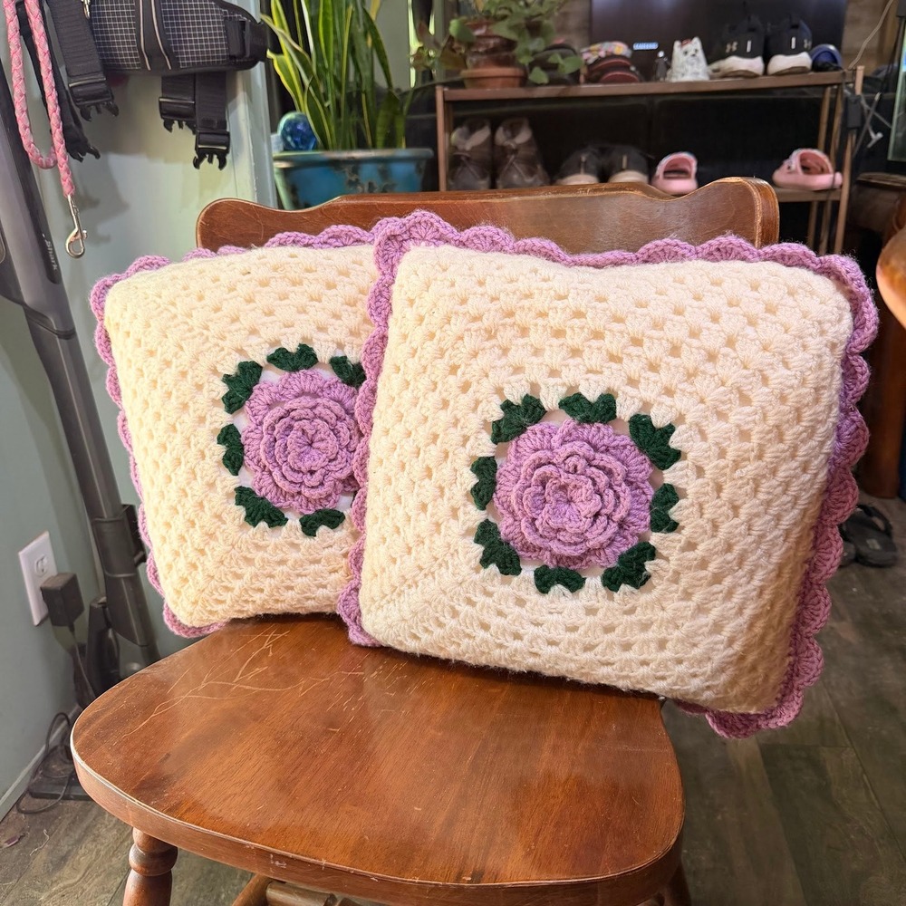 Vintage Handmade Crochet Rose Granny Square Throw Pillows Purple Cream Set of 2